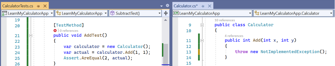 Screenshot of a test method in the Visual Studio editor named AddTest that is implemented and failing. The Add method is also visible and throws an exception.