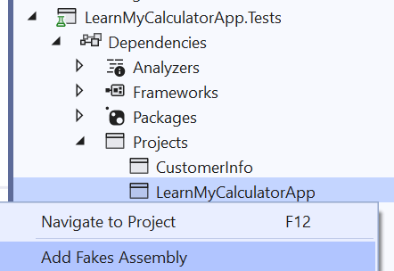 Screenshot of Solution Explorer that shows a node selected for adding a Fakes assembly.