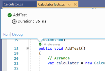 Screenshot of a CodeLens test glyph opened from the top of the method signature in Visual Studio.