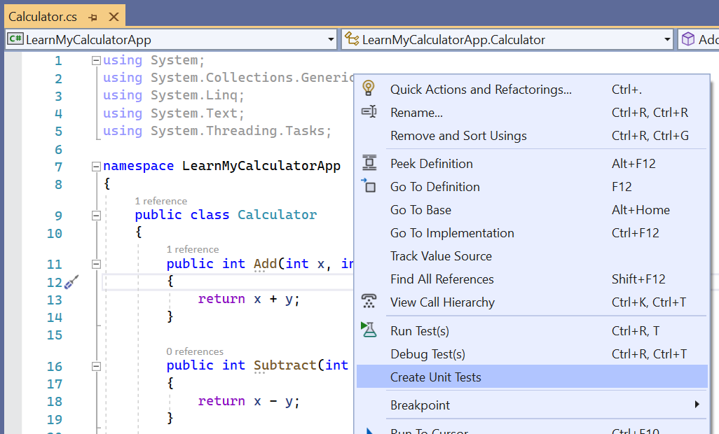 Screenshot in Visual Studio that shows a right-click menu inside an editor, with the Calculator class open and the Create Unit Tests command selected.