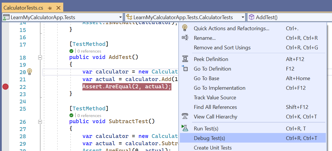 Screenshot of the Visual Studio editor with the right-click menu open inside the AddTest method and Debug Tests selected.