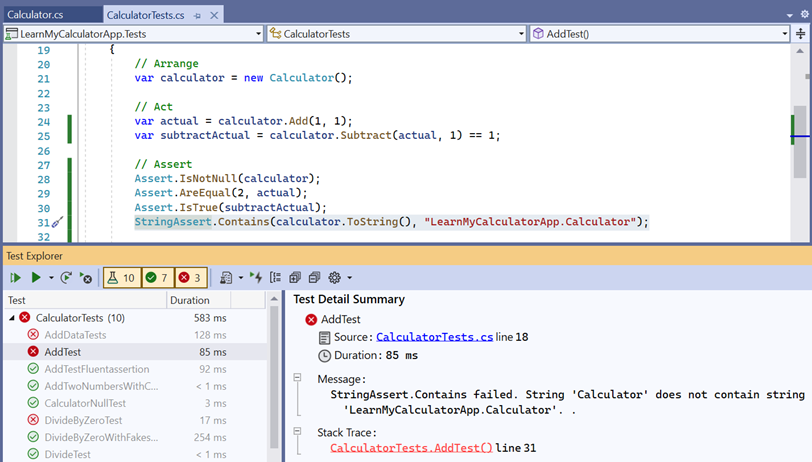 Screenshot in Visual Studio of the AddTest method, with Test Explorer open and showing a failure message.