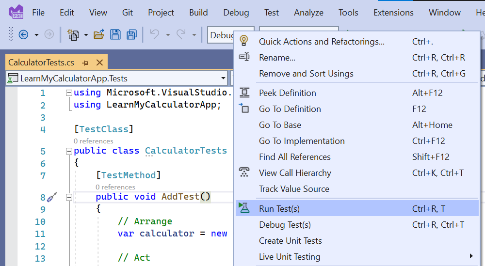 Screenshot of Visual Studio with the right-click menu open in an editor inside a test method.