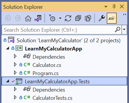 Screenshot of a test project and a calculator project in Visual Studio Solution Explorer.