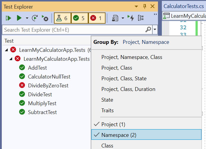 Screenshot of Test Explorer with Project and Namespace groupings.