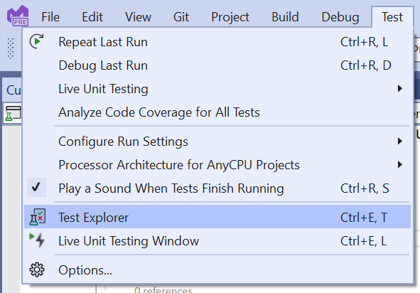 Screenshot that shows selections for opening Test Explorer in Visual Studio.