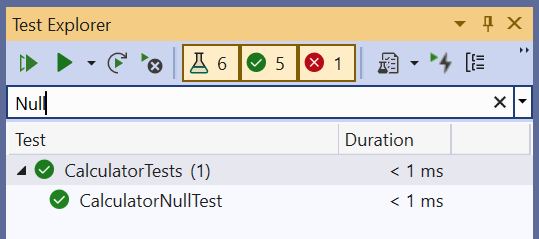 Screenshot of Test Explorer with the test names filtered based on a word in the search box.