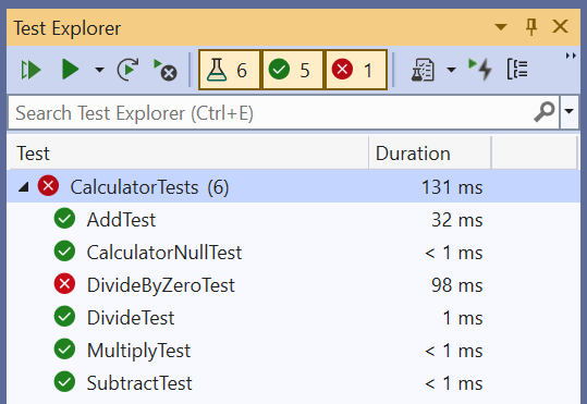 Screenshot of the Test Explorer window in Visual Studio, with a list of tests.