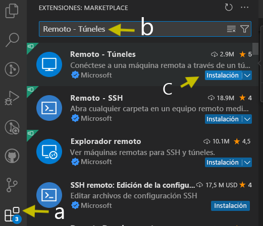 Captura de pantalla de la búsqueda en Extensiones Remote - Tunnels: Marketplace.