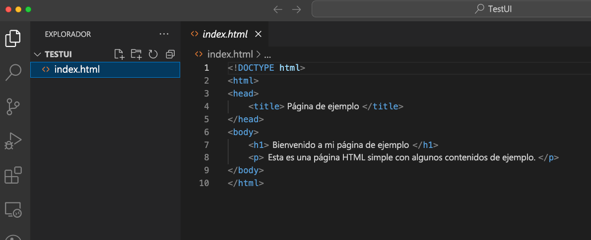Captura de pantalla de la carpeta TestUI de Visual Studio Code.