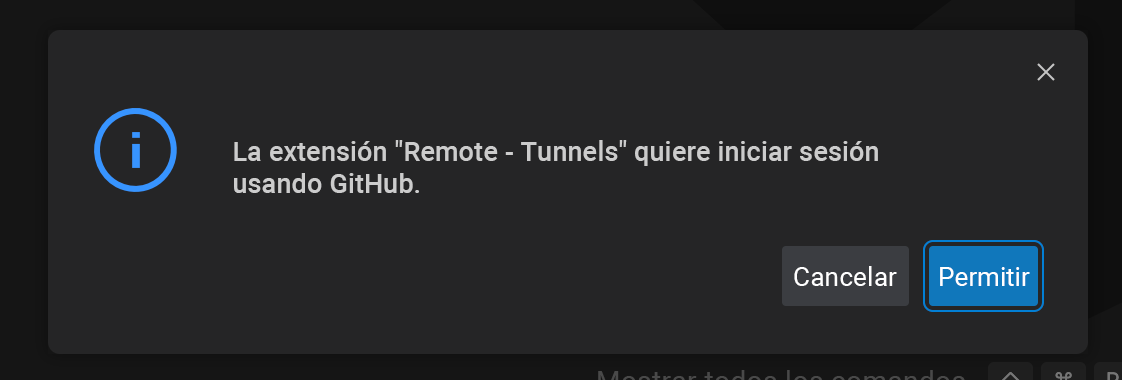 Captura de pantalla del permiso de extensión Remote - Tunnels para iniciar sesión.