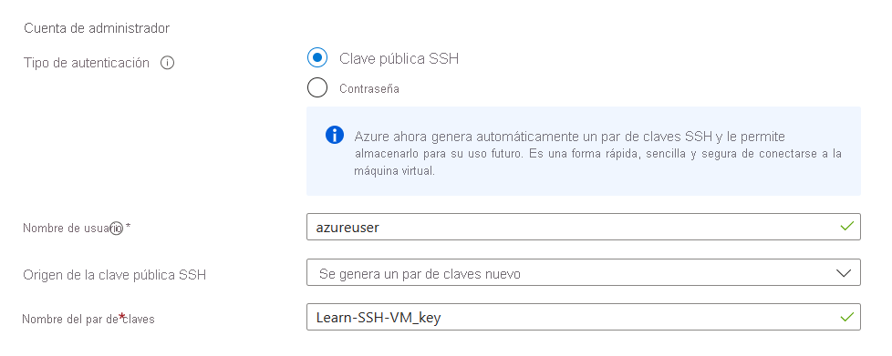Captura de pantalla que muestra los valores predeterminados de la sección Cuenta de administrador durante la creación de máquinas virtuales en Azure.