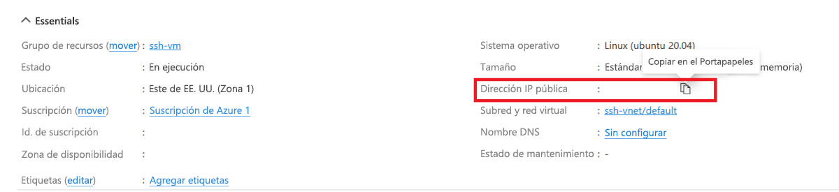 Captura de pantalla en la que se resalta cómo copiar la dirección IP pública de la máquina virtual recién creada.
