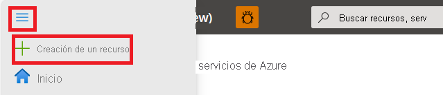 Captura de pantalla que muestra la acción Crear un recurso en el menú de Azure Portal.