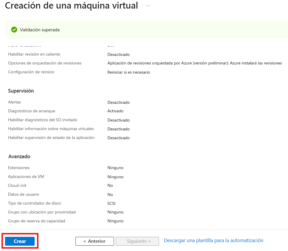 Captura de pantalla que resalta la acción Crear para la máquina virtual validada.