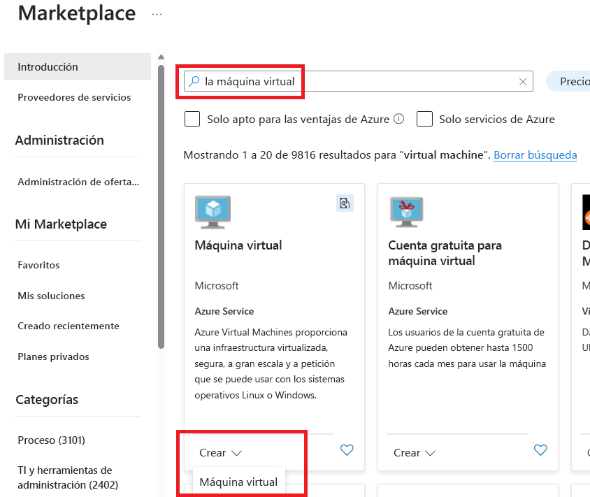 Captura de pantalla en la que se resalta cómo buscar y crear un recurso de máquina virtual en Azure Portal.