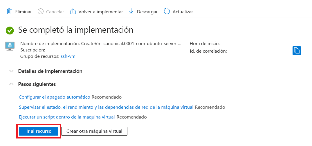 Captura de pantalla que resalta la acción Ir al recurso una vez creada la máquina virtual.