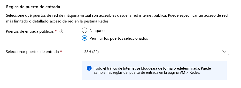 Captura de pantalla que muestra las reglas de puerto de entrada para configurar un puerto de entrada para SSH.