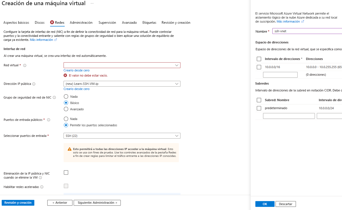 Captura de pantalla que muestra el paso de validación para crear una nueva red virtual para la máquina virtual.