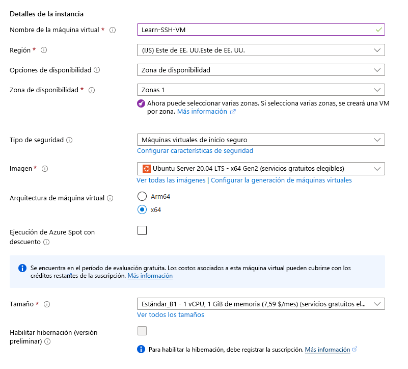 Captura de pantalla que muestra los detalles de la máquina virtual de Azure que se va a crear.