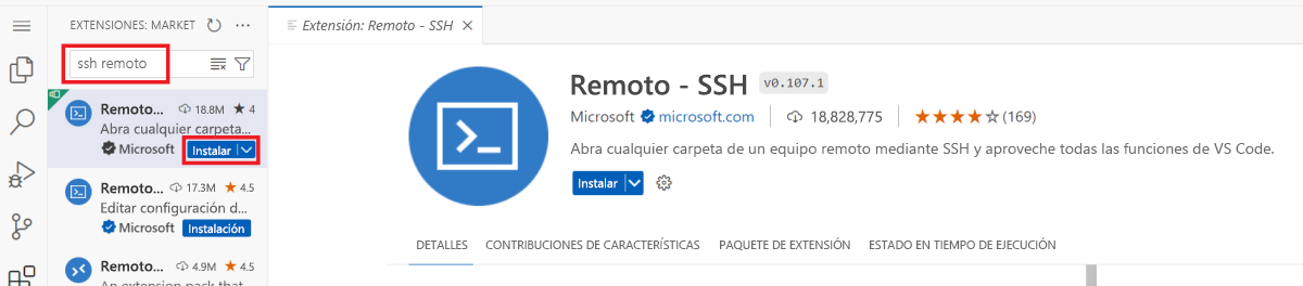 Captura de pantalla en la que se resalta cómo buscar una instalación de la extensión Remote - SSH de Visual Studio Code.