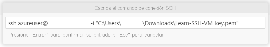 Captura de pantalla que muestra el comando de conexión SSH para conectarse al host.