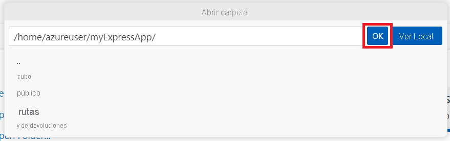 Captura de pantalla que muestra la confirmación de abrir la carpeta myExpressApp.