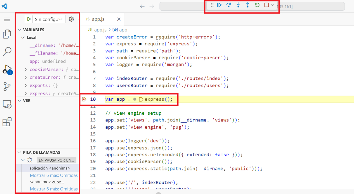 Captura de pantalla en la que se resaltan diferentes partes de la experiencia de depuración.