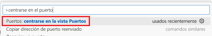 Captura de pantalla que muestra el comando Focus on Ports View en la paleta de comandos.