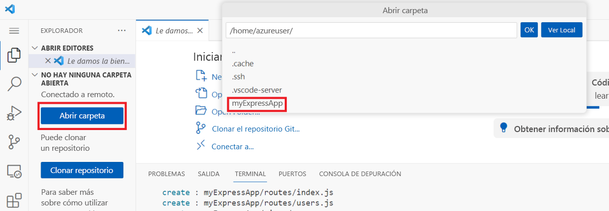 Captura de pantalla que muestra la apertura de la carpeta myExpressApp.