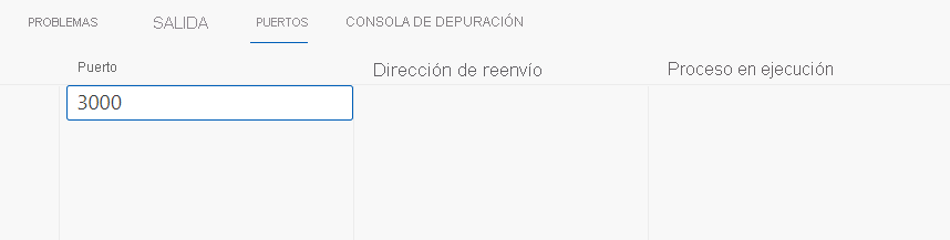 Captura de pantalla que muestra la especificación del puerto 3000 en la vista Puertos.