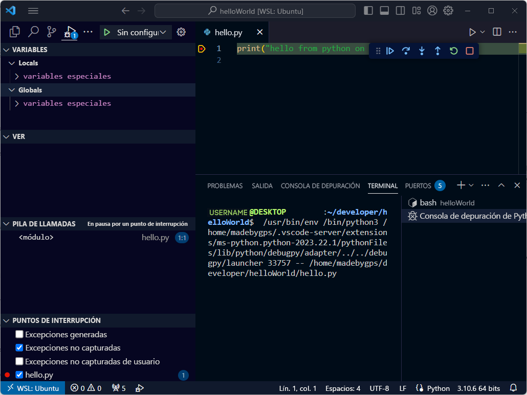 Captura de pantalla de la depuración de código de Python en Visual Studio Code.