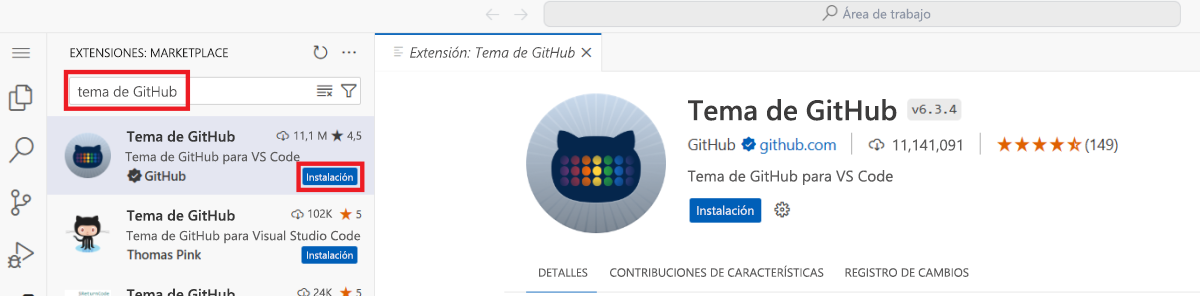 Recorte de pantalla de la extensión de tema de GitHub en VS Code, resaltando el cuadro de búsqueda y el botón Instalar.