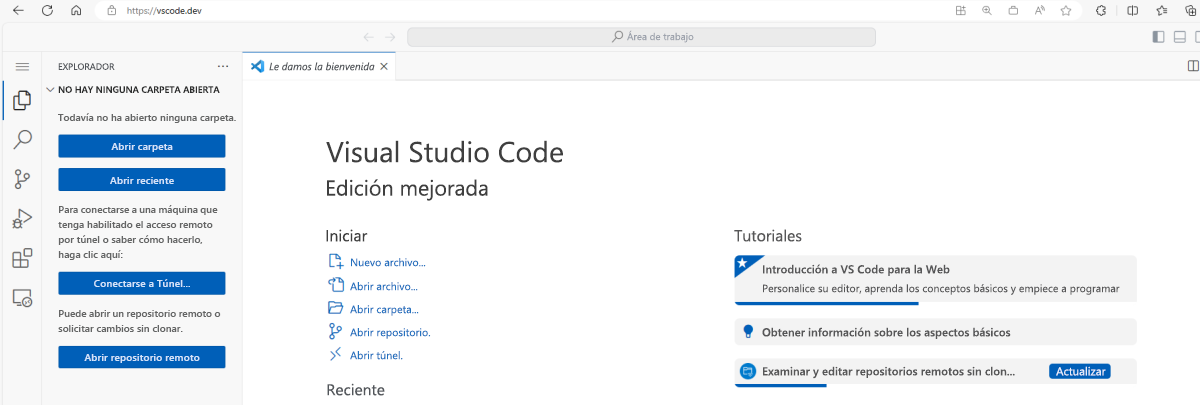 Recorte de pantalla de la página de aterrizaje de vscode.dev.