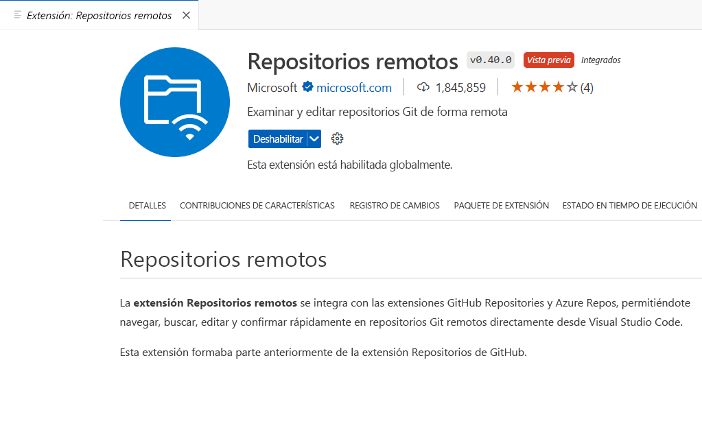 Captura de pantalla de la extensión Repositorios remotos en VS Code.