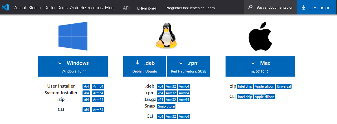 Screenshot of Visual Studio Code website showing downloads available in Linux, macOS, and Windows.