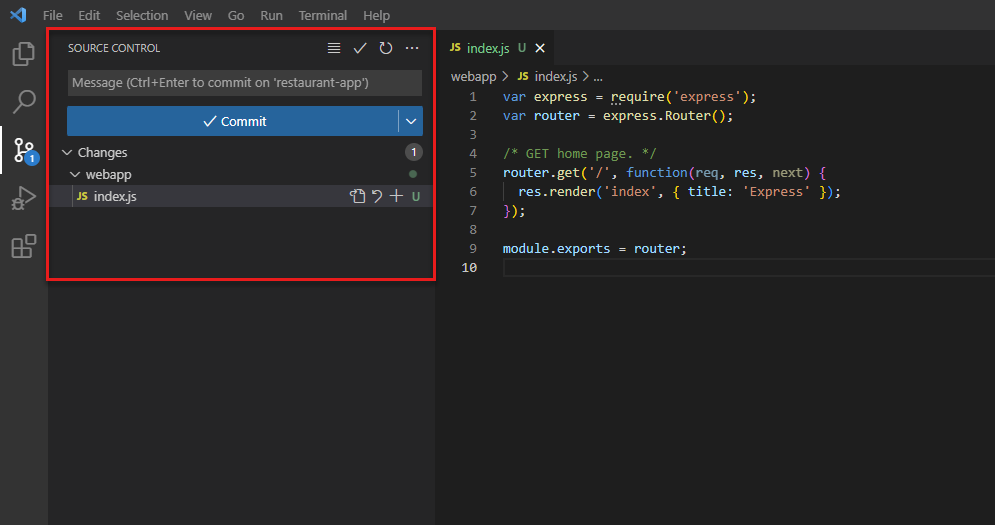 Screenshot of Visual Studio Code in with the Source Control view displayed.