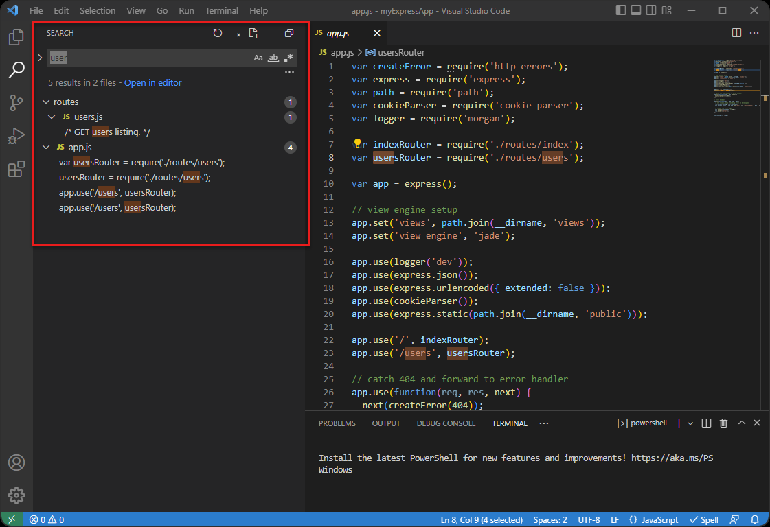Screenshot of Visual Studio Code with Search view displayed in Side Bar.