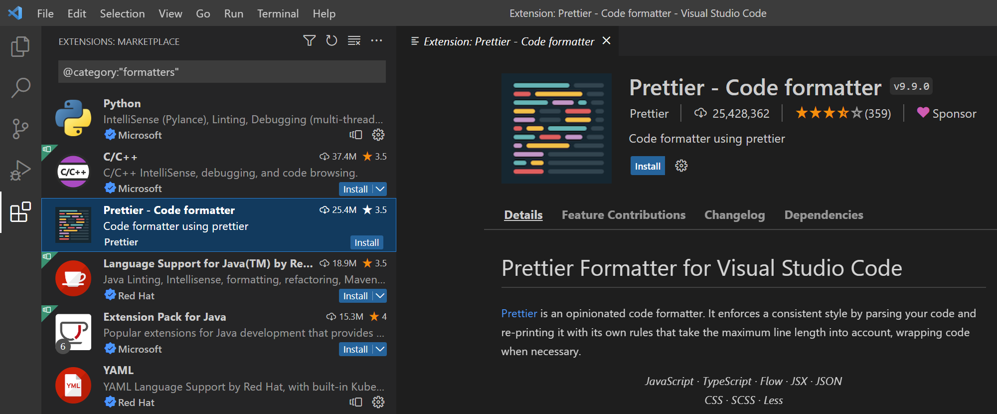 Screenshot of Visual Studio Code with the Extensions Marketplace view displayed and the Prettier extension in view.