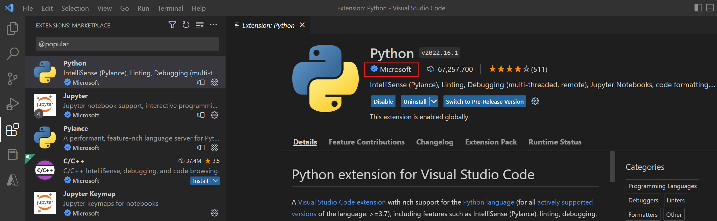 Screenshot of Visual Studio Code with the Extensions Marketplace view displayed and the Python extension published by Microsoft in view.
