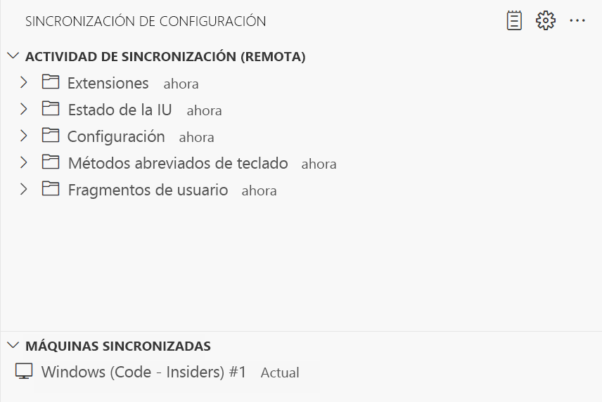 Recorte de pantalla de la vista de explorador de Sincronización de configuración en Visual Studio Code.