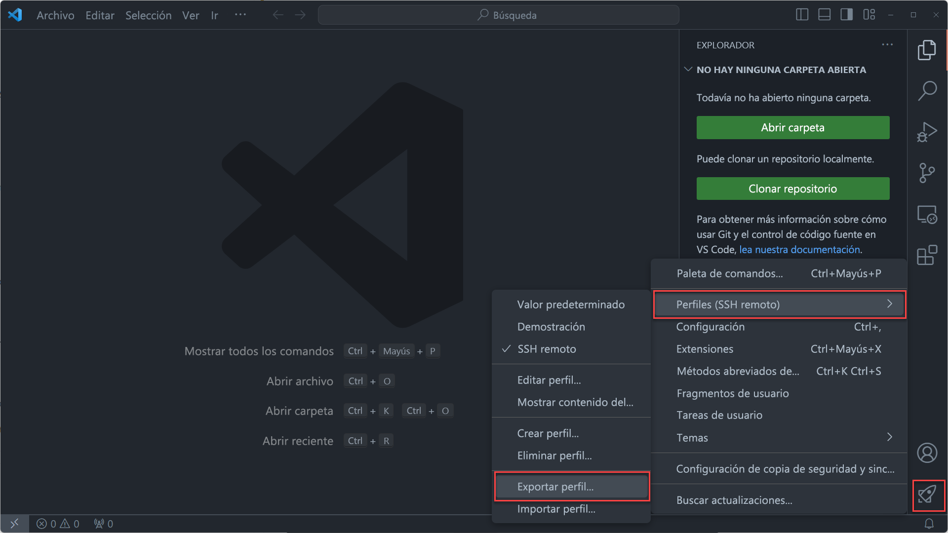Captura de pantalla del comando de menú Exportar perfil de Visual&nbsp;Studio Code.
