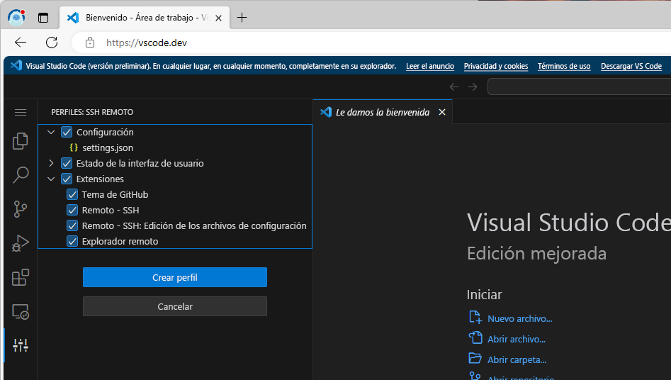 Captura de pantalla de las opciones de importación de un archivo en Visual&nbsp;Studio Code.