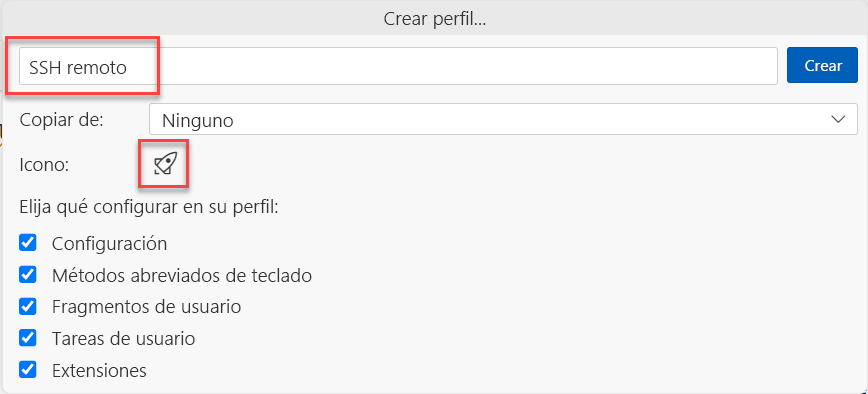 Captura de pantalla de las opciones para crear un perfil en Visual&nbsp;Studio Code.