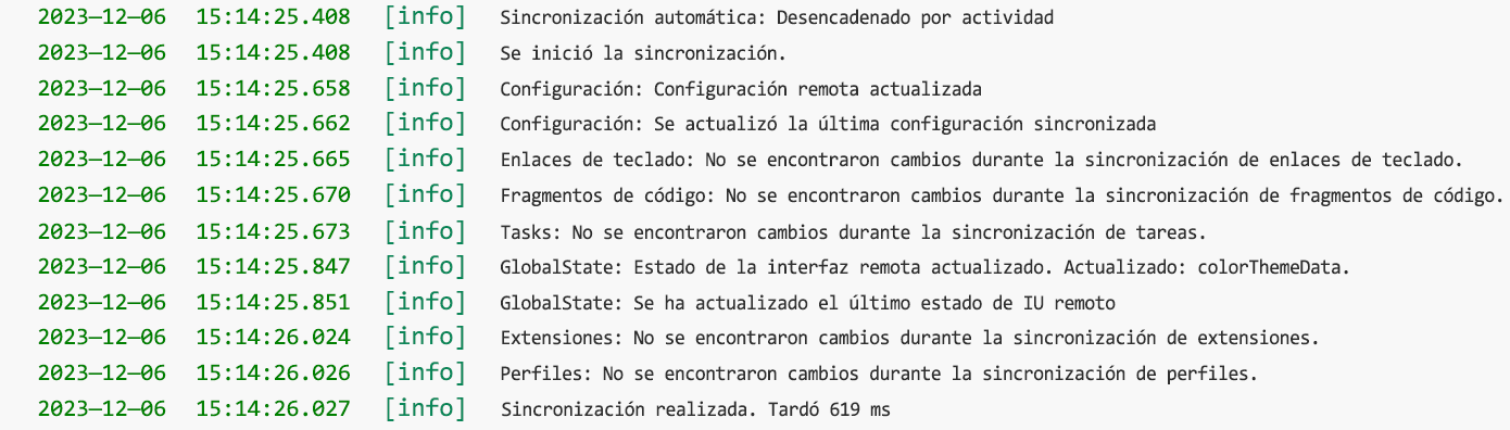 Recorte de pantalla del registro de Sincronización de configuración en Visual Studio Code.