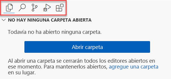 Captura de pantalla de la barra de actividades ubicada en la parte superior de la barra lateral de Visual Studio Code.