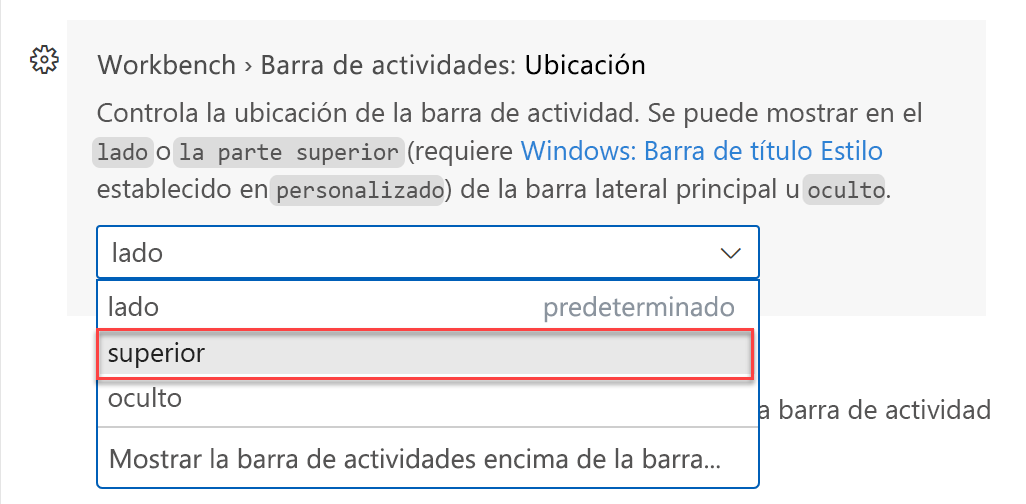 Captura de pantalla de las opciones de ubicación de la barra de actividades en la configuración de Visual Studio Code.