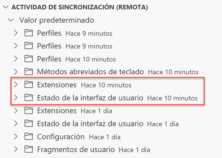 Captura de pantalla de la vista de actividad de sincronización de las configuraciones en VS Code con las carpetas Extensiones y Estado de la Interfaz de Usuario resaltadas.