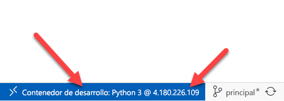 Captura de pantalla del indicador remoto en Visual Studio Code que muestra un contenedor de desarrollo que se ejecuta en una dirección SSH remota.