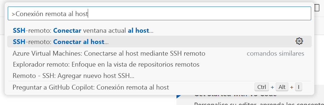 Captura de pantalla de la paleta de comandos de Visual Studio Code que muestra la opción para conectarse a un host.